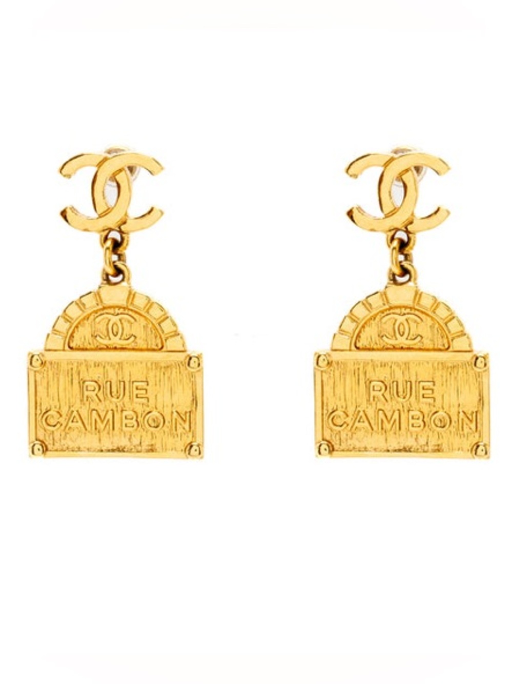 CHANEL Gold Rue Cambon Logo Drop Earrings